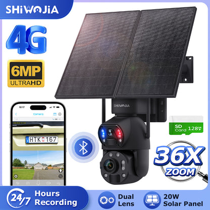 SHIWOJIA بطارية شمسية 20 وات 36X تكبير أحمر أزرق إنذار FloodLight PTZ كاميرا 4G SIM / WIFI كاميرا أمان خلوية مزدوجة العدسة، كاميرا شمسية 6 ميجابكسل لاسلكية في الهواء الطلق، رؤية ليلية ملونة، شاشة مزدوجة، بطارية مدمجة 