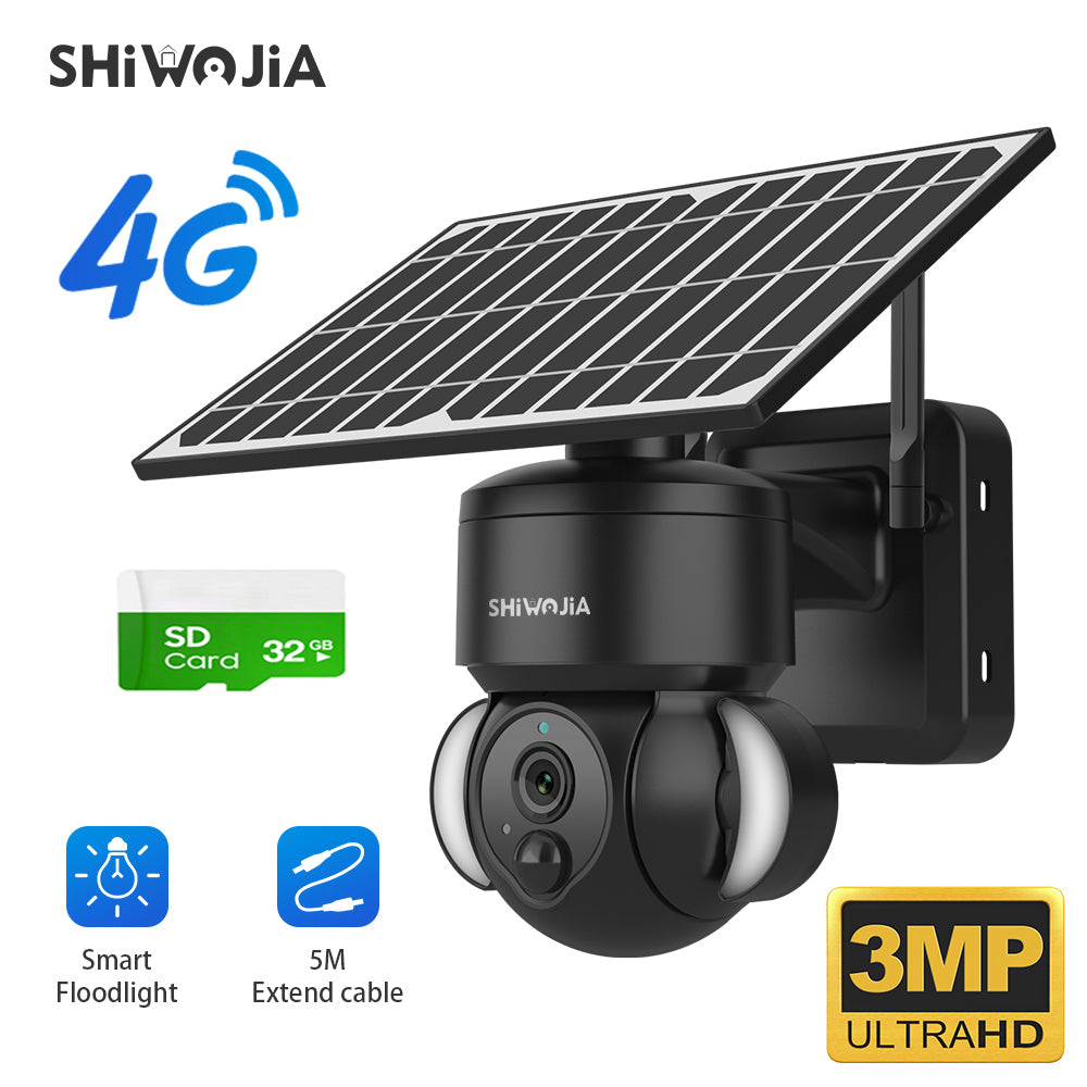 SHIWOJIA 3MP Solar Camera 4G SIM / WIFI Security Outdoor Recording Humanoid Tracking Floodlight Solar Battery PTZ Camera 