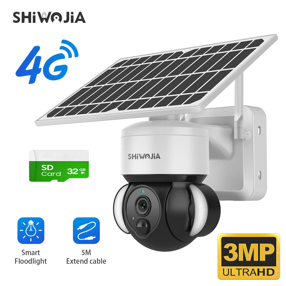 SHIWOJIA 3MP Solar Camera 4G SIM / WIFI Security Outdoor Recording Humanoid Tracking Floodlight Solar Battery PTZ Camera