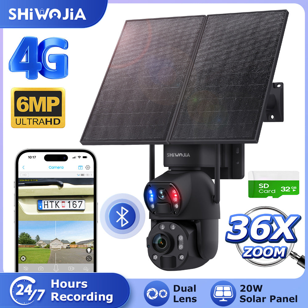 SHIWOJIA بطارية شمسية 20 وات 36X تكبير أحمر أزرق إنذار FloodLight PTZ كاميرا 4G SIM / WIFI كاميرا أمان خلوية مزدوجة العدسة، كاميرا شمسية 6 ميجابكسل لاسلكية في الهواء الطلق، رؤية ليلية ملونة، شاشة مزدوجة، بطارية مدمجة 