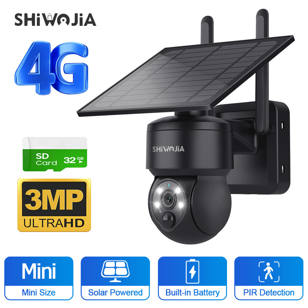 SHIWOJIA 4G SIM / WIFI Solar Security Cameras WIFI Wireless Outdoor 3MP  View Animal Monitoring MiNi Solar Battery PTZ Camera Built-in Battery