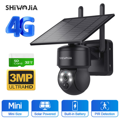 SHIWOJIA 4G SIM / WIFI Solar Security Cameras WIFI Wireless Outdoor 3MP  View Animal Monitoring MiNi Solar Battery PTZ Camera Built-in Battery