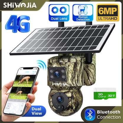 SHIWOJIA 6MP Solar Camera 4G SIM / WIFI Security Outdoor Camouflage Color Dual Lens Solar Battery PTZ Camera 