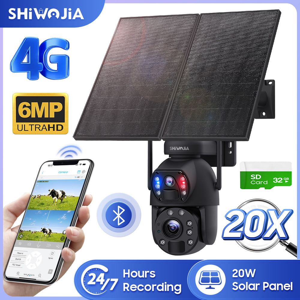 SHIWOJIA 20W بطارية شمسية 20X تكبير أحمر أزرق إنذار FloodLight PTZ كاميرا 4G SIM / WIFI كاميرا أمان خلوية عدسة مزدوجة، كاميرا شمسية 6 ميجابكسل لاسلكية في الهواء الطلق، رؤية ليلية ملونة، شاشة مزدوجة، بطارية مدمجة 