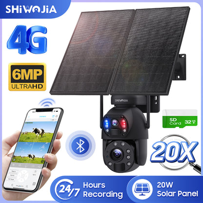 SHIWOJIA 20W بطارية شمسية 20X تكبير أحمر أزرق إنذار FloodLight PTZ كاميرا 4G SIM / WIFI كاميرا أمان خلوية عدسة مزدوجة، كاميرا شمسية 6 ميجابكسل لاسلكية في الهواء الطلق، رؤية ليلية ملونة، شاشة مزدوجة، بطارية مدمجة 