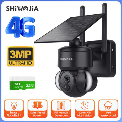 SHIWOJIA Outdoor Camera 4G SIM /WIFI Solar Powered 7800mAh Battery with 5W Solar Panels 3MP Color Night Vision Wireless Garden CCTV.Built-in Battery