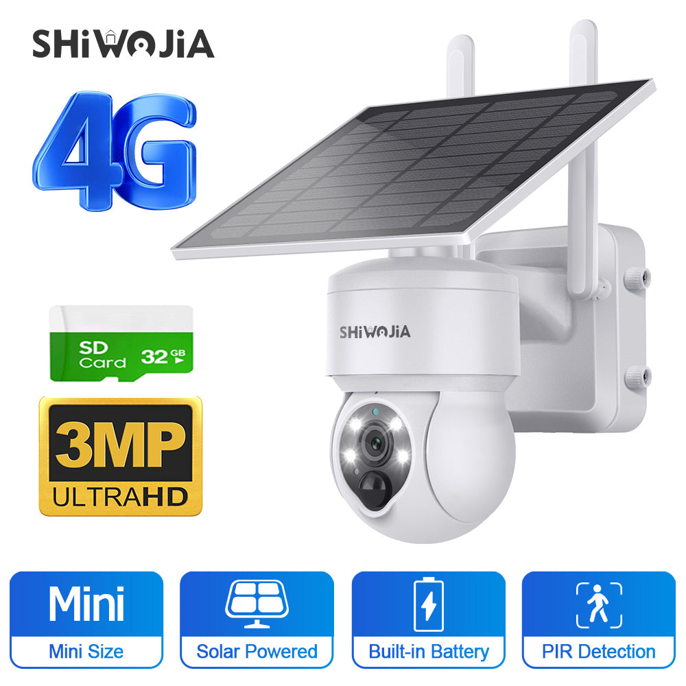 SHIWOJIA 4G SIM / WIFI Solar Security Cameras WIFI Wireless Outdoor 3MP  View Animal Monitoring MiNi Solar Battery PTZ Camera Built-in Battery