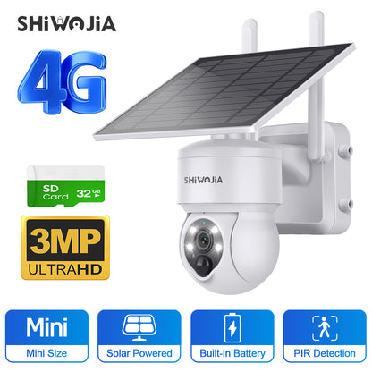 SHIWOJIA 4G SIM / WIFI Solar Security Cameras WIFI Wireless Outdoor 3MP  View Animal Monitoring MiNi Solar Battery PTZ Camera Built-in Battery