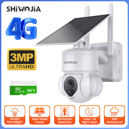SHIWOJIA Outdoor Camera 4G SIM /WIFI Solar Powered 7800mAh Battery with 5W Solar Panels 3MP Color Night Vision Wireless Garden CCTV.Built-in Battery