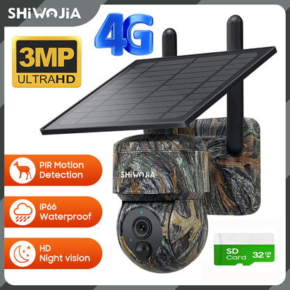 SHIWOJIA Camouflage Color Solar Battery PTZ Camera.4G SIM / WIFI  360° View Animal Monitoring.Built-in Battery