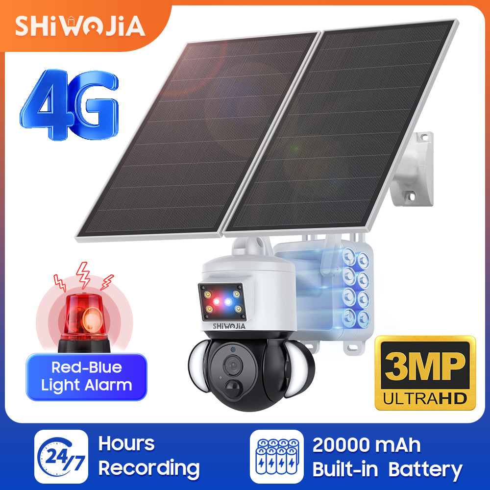SHIWOJIA 3MP Solar Camera 4G SIM / WIFI Security Outdoor Recording Humanoid Tracking 20W Solar Battery Red Blue Alarm Floodlight PTZ Camera 