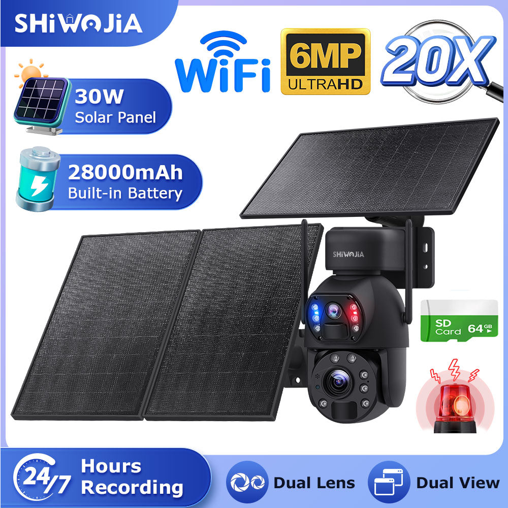 SHIWOJIA 30W Solar Battery 20x zoom Red Blue Alarm Floodlight PTZ Camera 3 PCS Solar Board Built in 28000mAh Batteries Night Vision Camera 