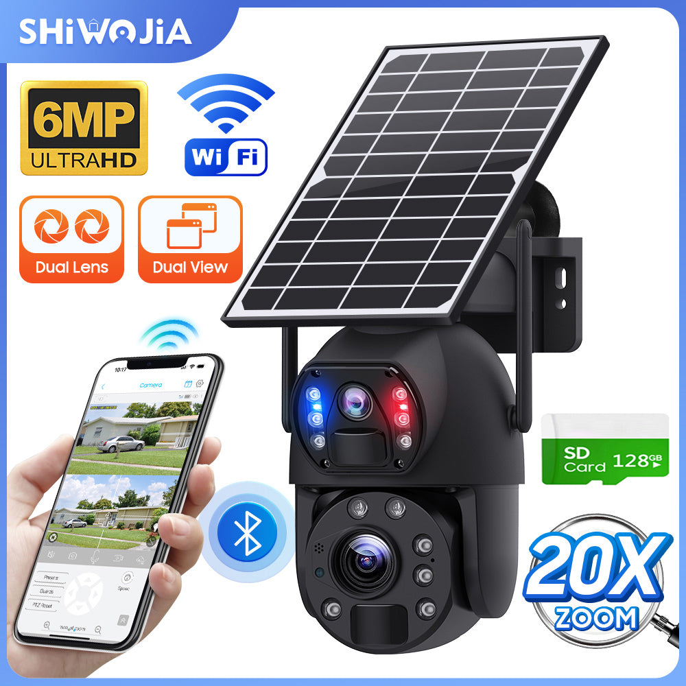 SHIWOJIA 20X Zoom 4G SIM / WIFI كاميرا أمان خلوية مزدوجة العدسات، كاميرا شمسية 6 ميجابكسل لاسلكية في الهواء الطلق، إنذار صفارات الإنذار، رؤية ليلية ملونة، شاشة مزدوجة، بطارية مدمجة 12000 مللي أمبير في الساعة 