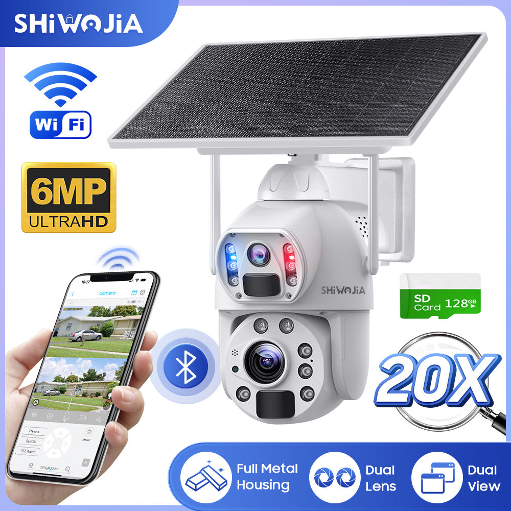 كاميرا SHIWOJIA 10 وات تعمل بالطاقة الشمسية 4G SIM / WIFI 6MP 20X ZOOM تعمل بالطاقة الشمسية بقدرة 20000 مللي أمبير في الساعة كاميرات بطارية 360 درجة خارجية بعدسة مزدوجة تسجيل كاميرا بشرية 