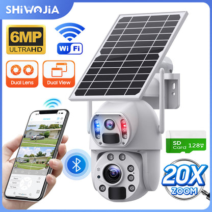 SHIWOJIA 20X Zoom 4G SIM / WIFI كاميرا أمان خلوية مزدوجة العدسات، كاميرا شمسية 6 ميجابكسل لاسلكية في الهواء الطلق، إنذار صفارات الإنذار، رؤية ليلية ملونة، شاشة مزدوجة، بطارية مدمجة 12000 مللي أمبير في الساعة 