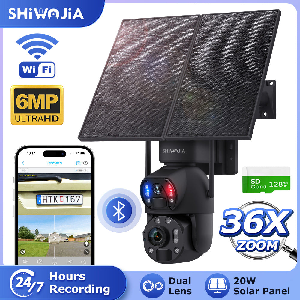 SHIWOJIA بطارية شمسية 20 وات 36X تكبير أحمر أزرق إنذار FloodLight PTZ كاميرا 4G SIM / WIFI كاميرا أمان خلوية مزدوجة العدسة، كاميرا شمسية 6 ميجابكسل لاسلكية في الهواء الطلق، رؤية ليلية ملونة، شاشة مزدوجة، بطارية مدمجة 