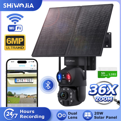 SHIWOJIA بطارية شمسية 20 وات 36X تكبير أحمر أزرق إنذار FloodLight PTZ كاميرا 4G SIM / WIFI كاميرا أمان خلوية مزدوجة العدسة، كاميرا شمسية 6 ميجابكسل لاسلكية في الهواء الطلق، رؤية ليلية ملونة، شاشة مزدوجة، بطارية مدمجة 