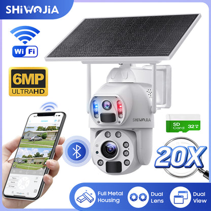 كاميرا SHIWOJIA 10 وات تعمل بالطاقة الشمسية 4G SIM / WIFI 6MP 20X ZOOM تعمل بالطاقة الشمسية بقدرة 20000 مللي أمبير في الساعة كاميرات بطارية 360 درجة خارجية بعدسة مزدوجة تسجيل كاميرا بشرية 