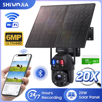 SHIWOJIA 20W بطارية شمسية 20X تكبير أحمر أزرق إنذار FloodLight PTZ كاميرا 4G SIM / WIFI كاميرا أمان خلوية عدسة مزدوجة، كاميرا شمسية 6 ميجابكسل لاسلكية في الهواء الطلق، رؤية ليلية ملونة، شاشة مزدوجة، بطارية مدمجة 