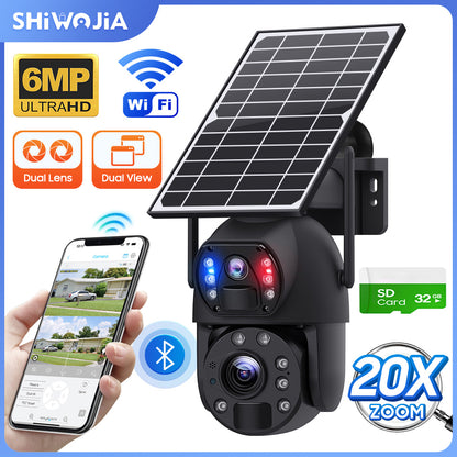 SHIWOJIA 20X Zoom 4G SIM / WIFI كاميرا أمان خلوية مزدوجة العدسات، كاميرا شمسية 6 ميجابكسل لاسلكية في الهواء الطلق، إنذار صفارات الإنذار، رؤية ليلية ملونة، شاشة مزدوجة، بطارية مدمجة 12000 مللي أمبير في الساعة 