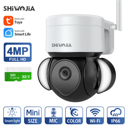 SHIWOJIA Tuya Camera IP Surveillance Camera Outdoor 4MP Floodlight Voice IR Night Vision Security Protection Camera 