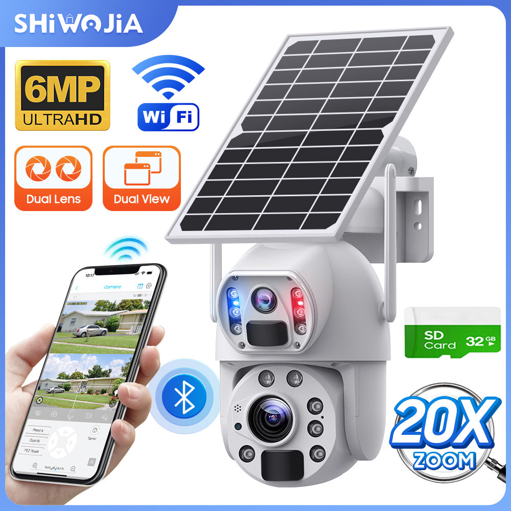 SHIWOJIA 20X Zoom 4G SIM / WIFI كاميرا أمان خلوية مزدوجة العدسات، كاميرا شمسية 6 ميجابكسل لاسلكية في الهواء الطلق، إنذار صفارات الإنذار، رؤية ليلية ملونة، شاشة مزدوجة، بطارية مدمجة 12000 مللي أمبير في الساعة 
