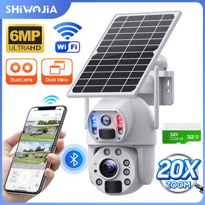 SHIWOJIA 20X Zoom 4G SIM / WIFI كاميرا أمان خلوية مزدوجة العدسات، كاميرا شمسية 6 ميجابكسل لاسلكية في الهواء الطلق، إنذار صفارات الإنذار، رؤية ليلية ملونة، شاشة مزدوجة، بطارية مدمجة 12000 مللي أمبير في الساعة 