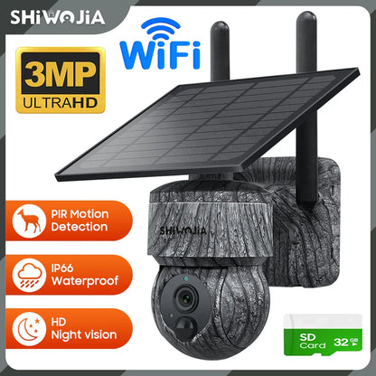 كاميرا SHIWOJIA الشمسية الخلوية، كاميرا صيد 4G SIM / WIFI، 360 درجة PTZ، فيديو مباشر 3 مساءً، الأشعة تحت الحمراء تحت الحمراء، كاميرات الألعاب مع حركة مقاومة للماء بما في ذلك البطارية المدمجة