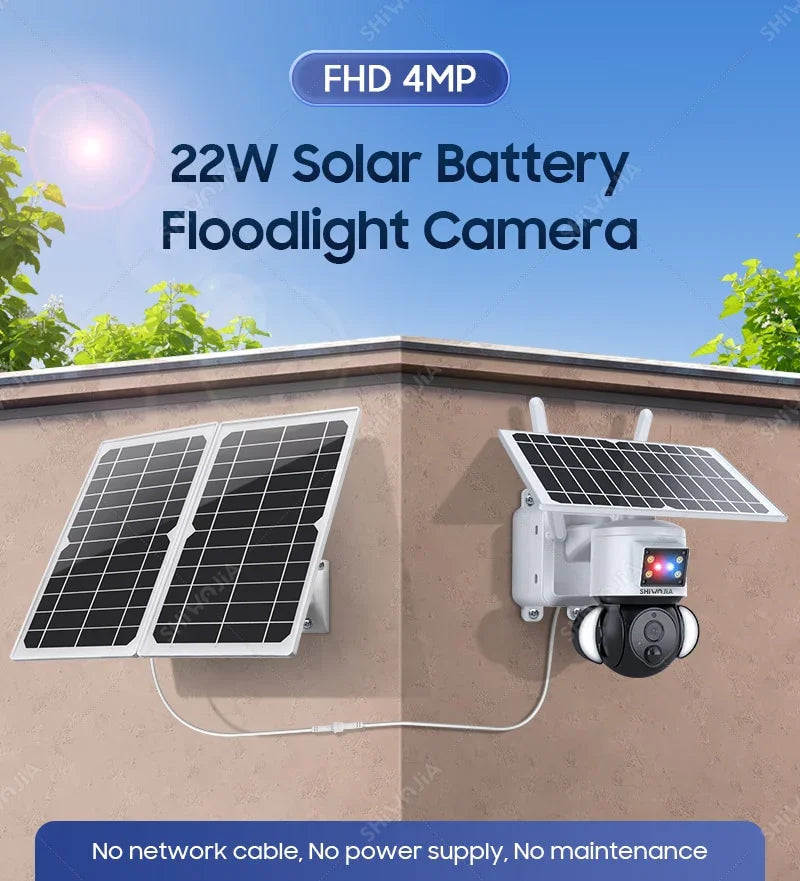 SHIWOJIA Solar Camera 4G SIM Card 4MP Outdoor Waterproof PTZ Solar Battery CCTV 21700 baterries Red-Blue Light Alarm