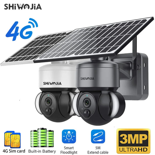 SHIWOJIA 3MP Solar Camera 4G Sim Card Solar Panel Surveillance Cameras Outdoor PIR PTZ Camera Security Protection Battery Cam 