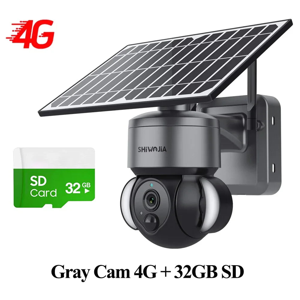 SHIWOJIA 3MP Solar Camera 4G Sim Card Solar Panel Surveillance Cameras Outdoor PIR PTZ Camera Security Protection Battery Cam 