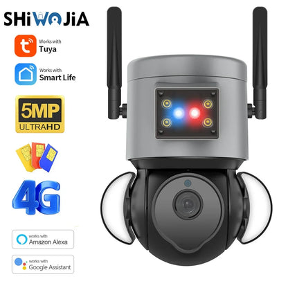 كاميرا مراقبة 5MP 4G SIM Tuya WIFI كاميرا مراقبة مع إنذار صفارة إنذار مضاد للسرقة كاميرات CCTV Alexa Google Motion