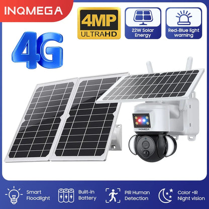 SHIWOJIA Solar Camera 4G SIM Card 4MP Outdoor Waterproof PTZ Solar Battery CCTV 21700 baterries Red-Blue Light Alarm