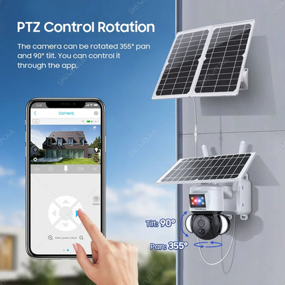 SHIWOJIA Solar Camera 4G SIM Card 4MP Outdoor Waterproof PTZ Solar Battery CCTV 21700 baterries Red-Blue Light Alarm