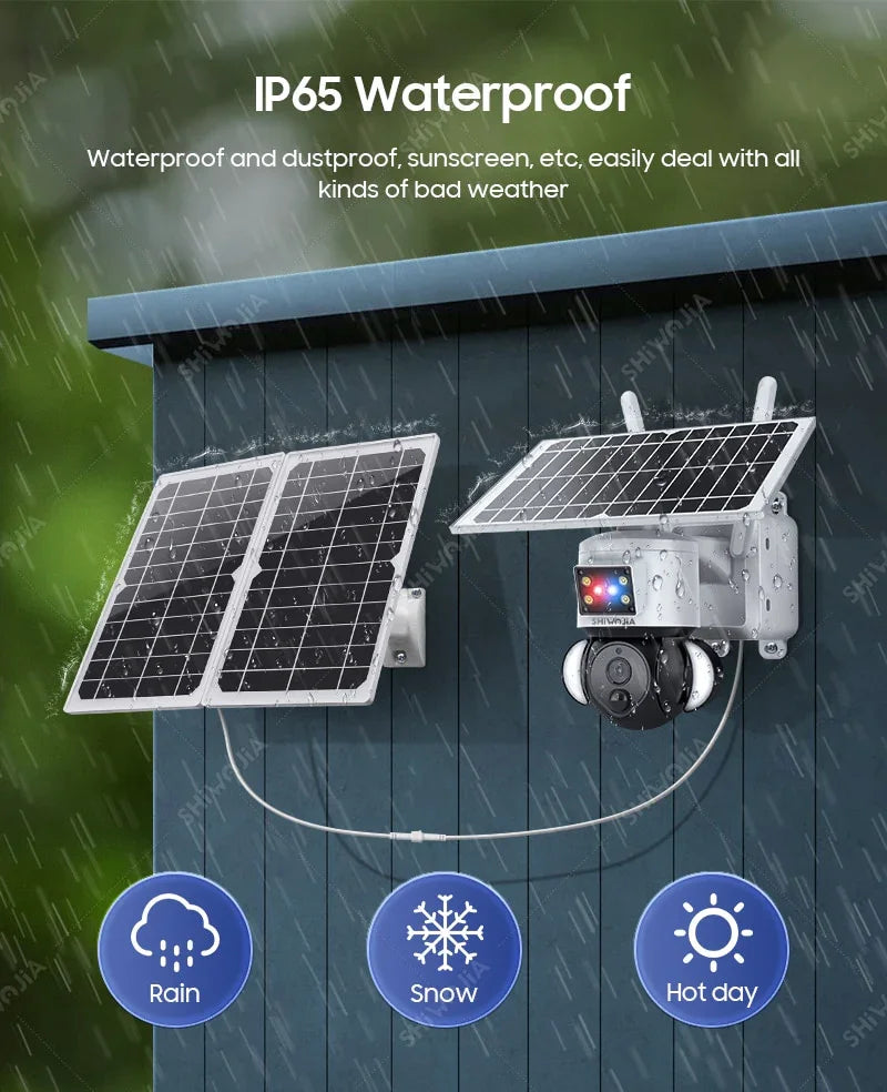 SHIWOJIA Solar Camera 4G SIM Card 4MP Outdoor Waterproof PTZ Solar Battery CCTV 21700 baterries Red-Blue Light Alarm